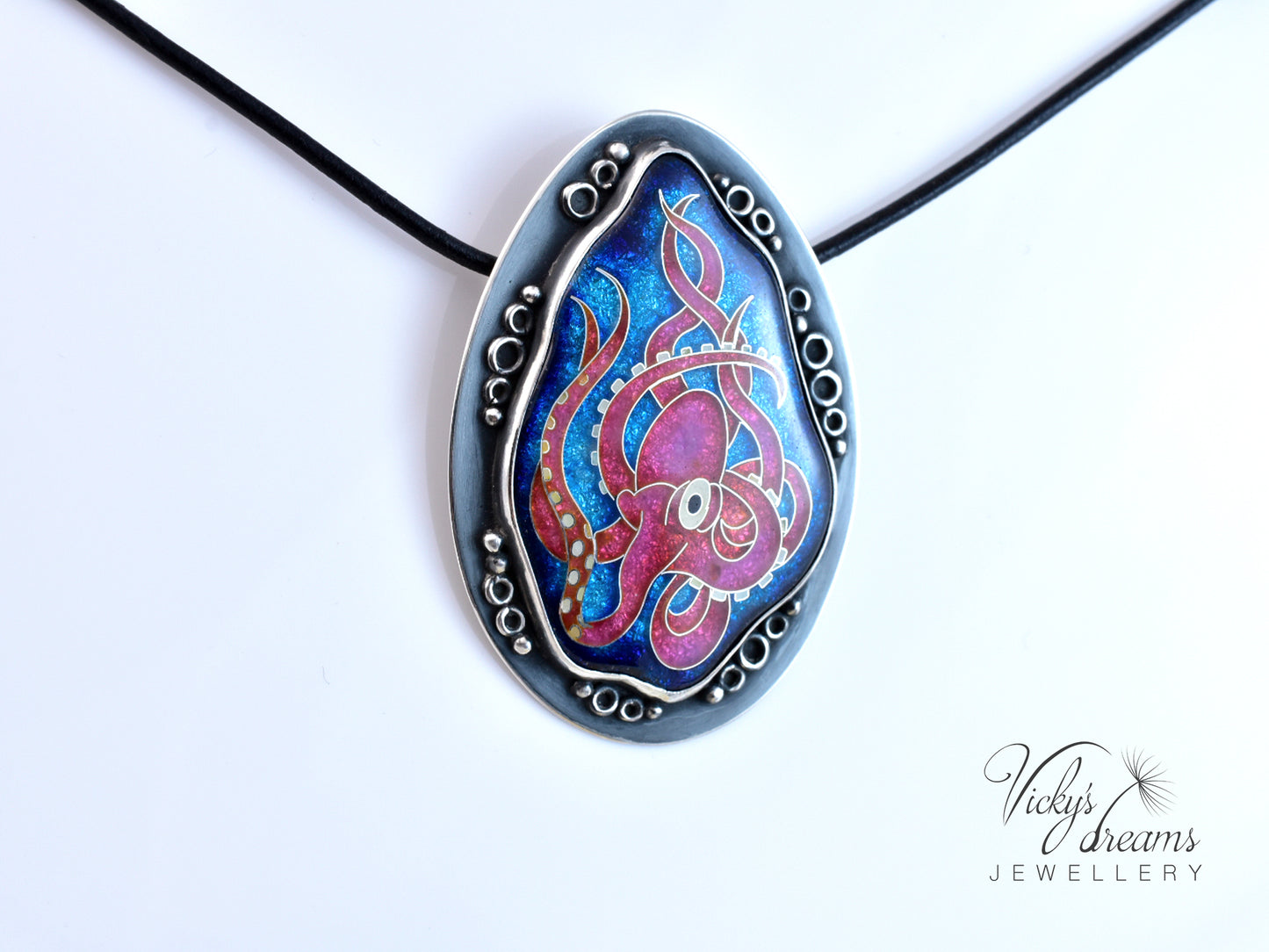 Artisan cloisonné silver pendant with marine life design  