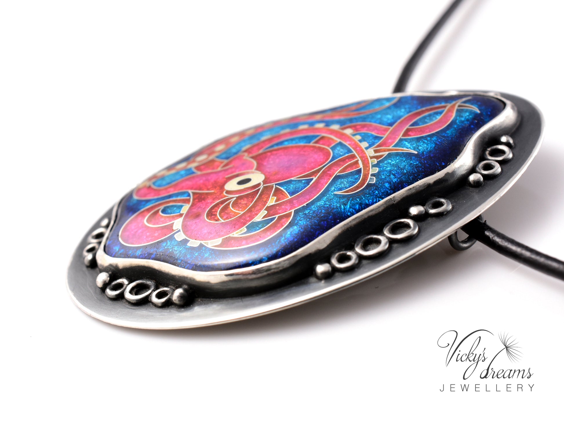 Artisan cloisonné silver pendant with marine life design  