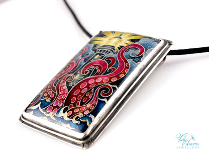 Lighthouse cloisonné enamel pendant with playful octopus on sterling silver
