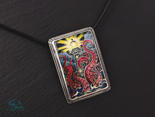 Lighthouse cloisonné enamel pendant with playful octopus on sterling silver