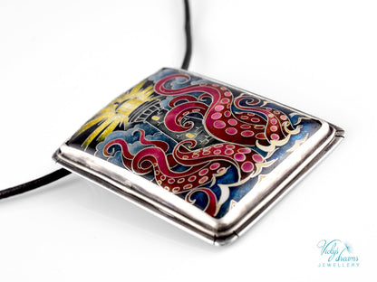 Lighthouse cloisonné enamel pendant with playful octopus on 