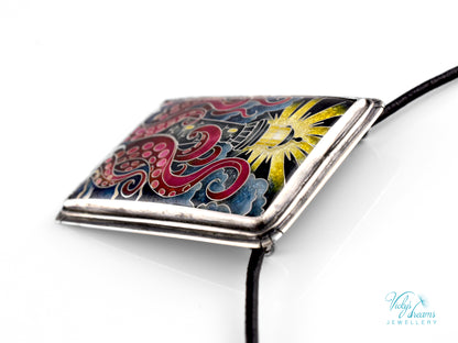 Lighthouse cloisonné enamel pendant with playful octopus on sterling silver