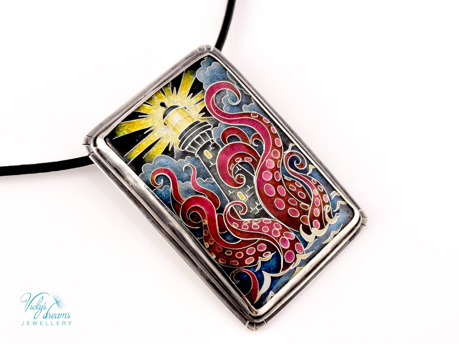 Lighthouse cloisonné enamel pendant with playful octopus on 
