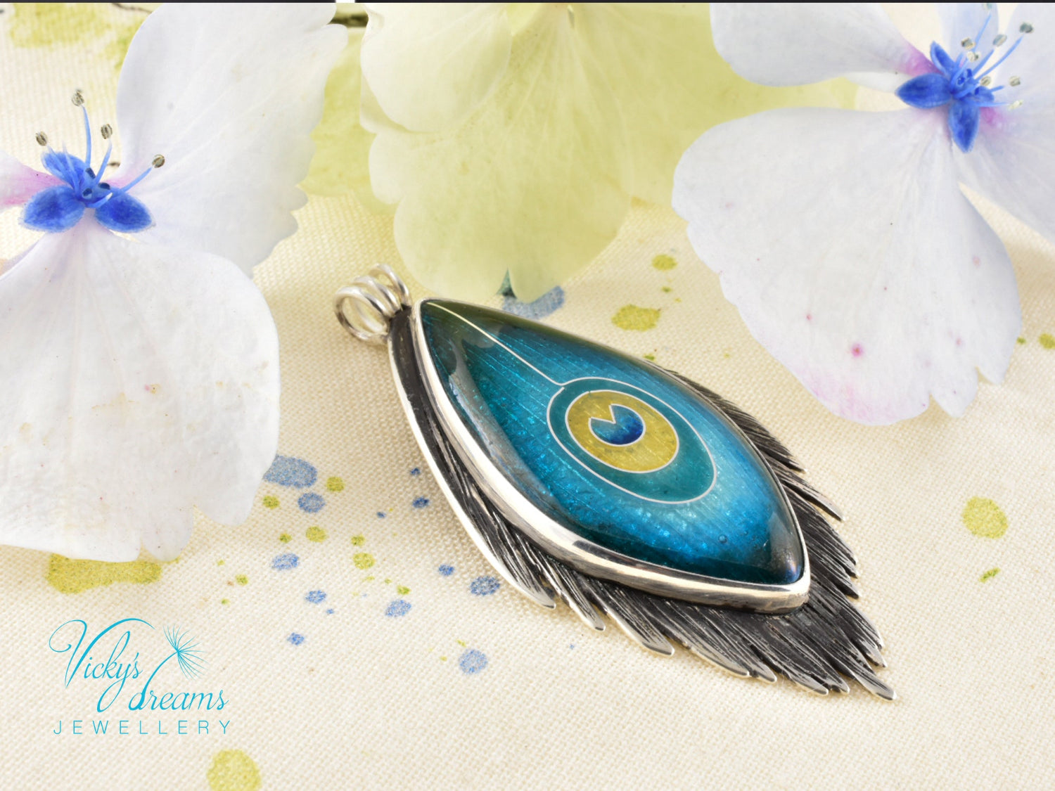 Handmade cloisonné enamel peacock feather pendant in oxidized sterling silver