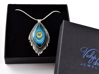 Handmade cloisonné enamel peacock feather pendant in oxidized sterling silver