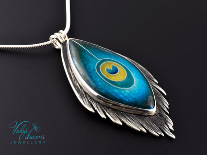 Handmade cloisonné enamel peacock feather pendant in oxidized sterling silver