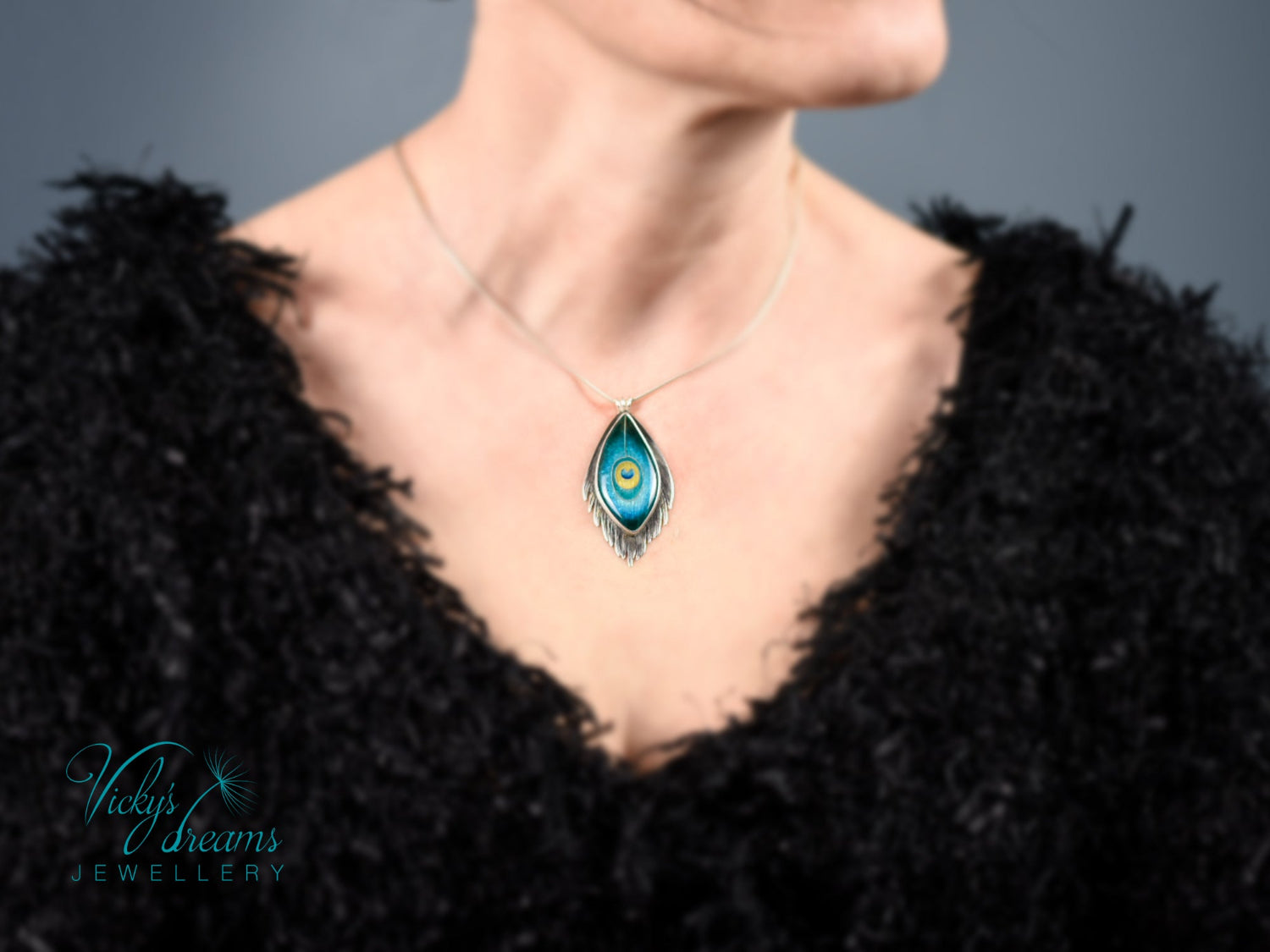 Handmade cloisonné enamel peacock feather pendant in oxidized sterling silver