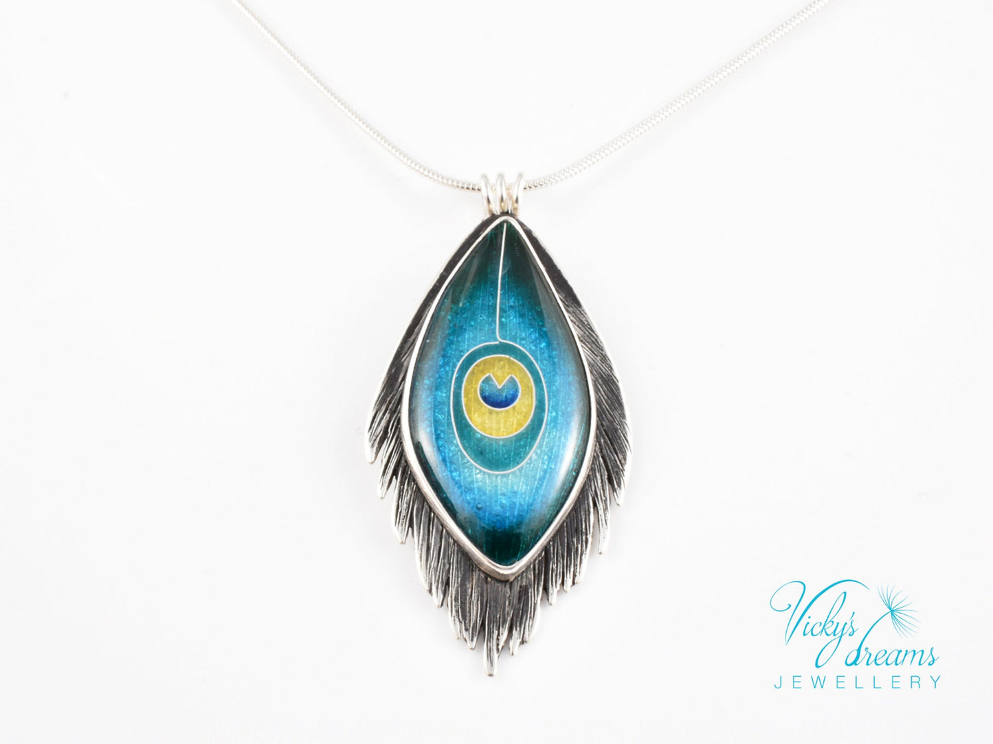 Handmade cloisonné enamel peacock feather pendant in oxidized sterling silver