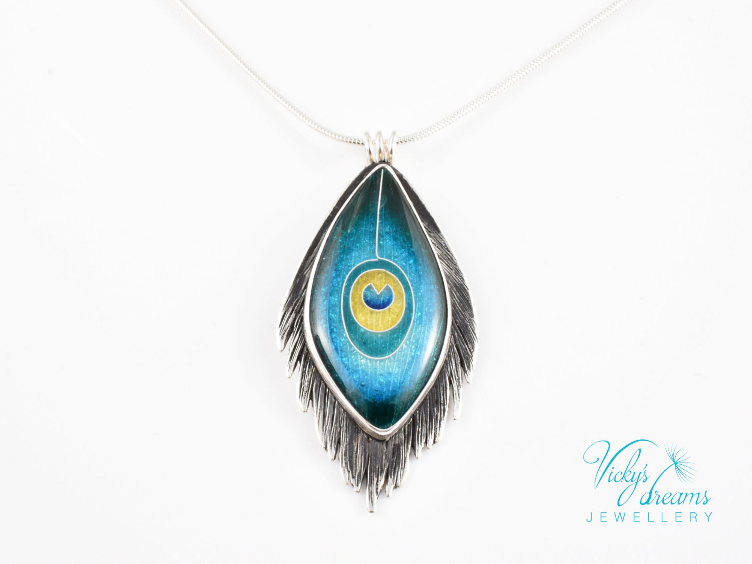 Handmade cloisonné enamel peacock feather pendant in oxidized sterling silver