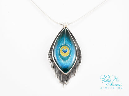 Handmade cloisonné enamel peacock feather pendant in oxidized sterling silver