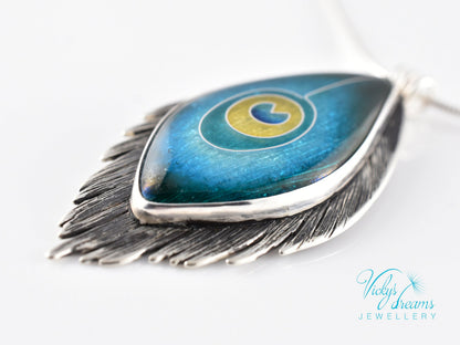 Handmade cloisonné enamel peacock feather pendant in oxidized sterling silver