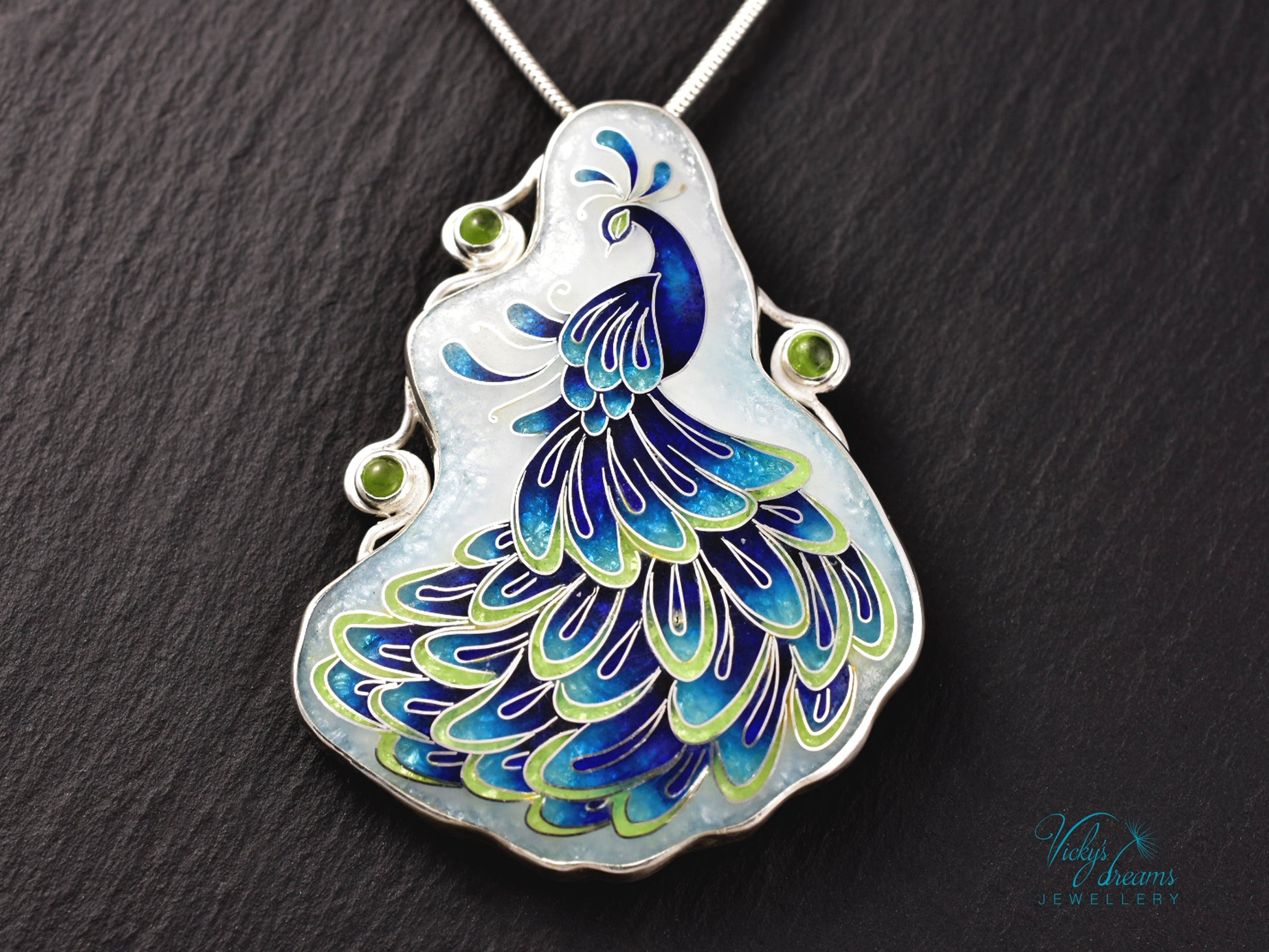 Handmade cloisonné enamel peacock necklace with peridot gemstones in sterling silver