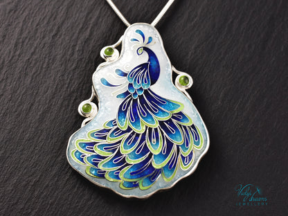 Handmade cloisonné enamel peacock necklace with peridot gemstones in sterling silver