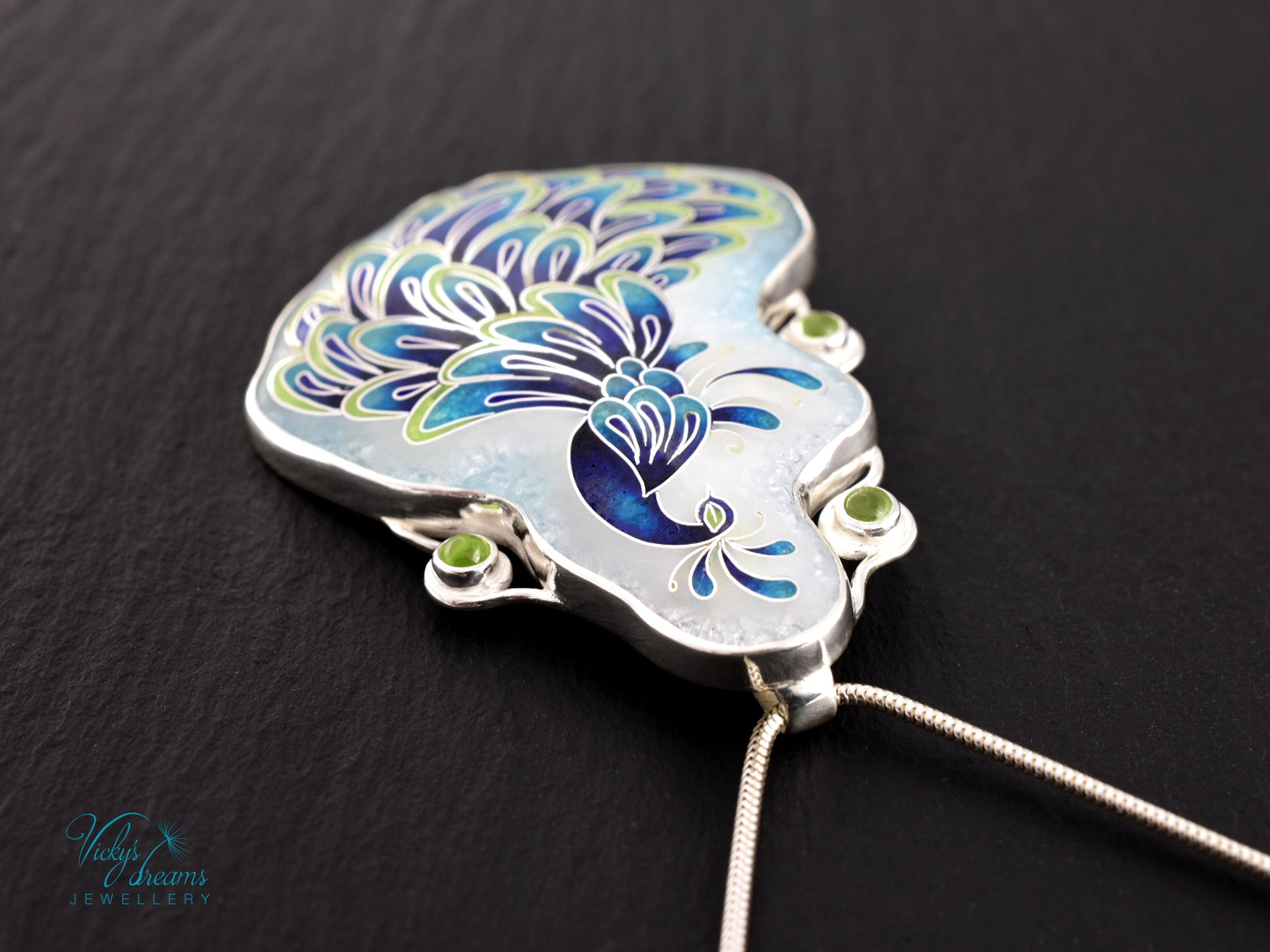 Handmade cloisonné enamel peacock necklace with peridot gemstones in sterling silver