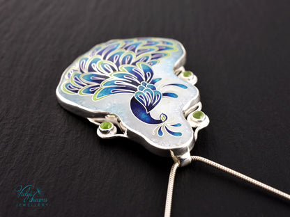 Handmade cloisonné enamel peacock necklace with peridot gemstones in sterling silver