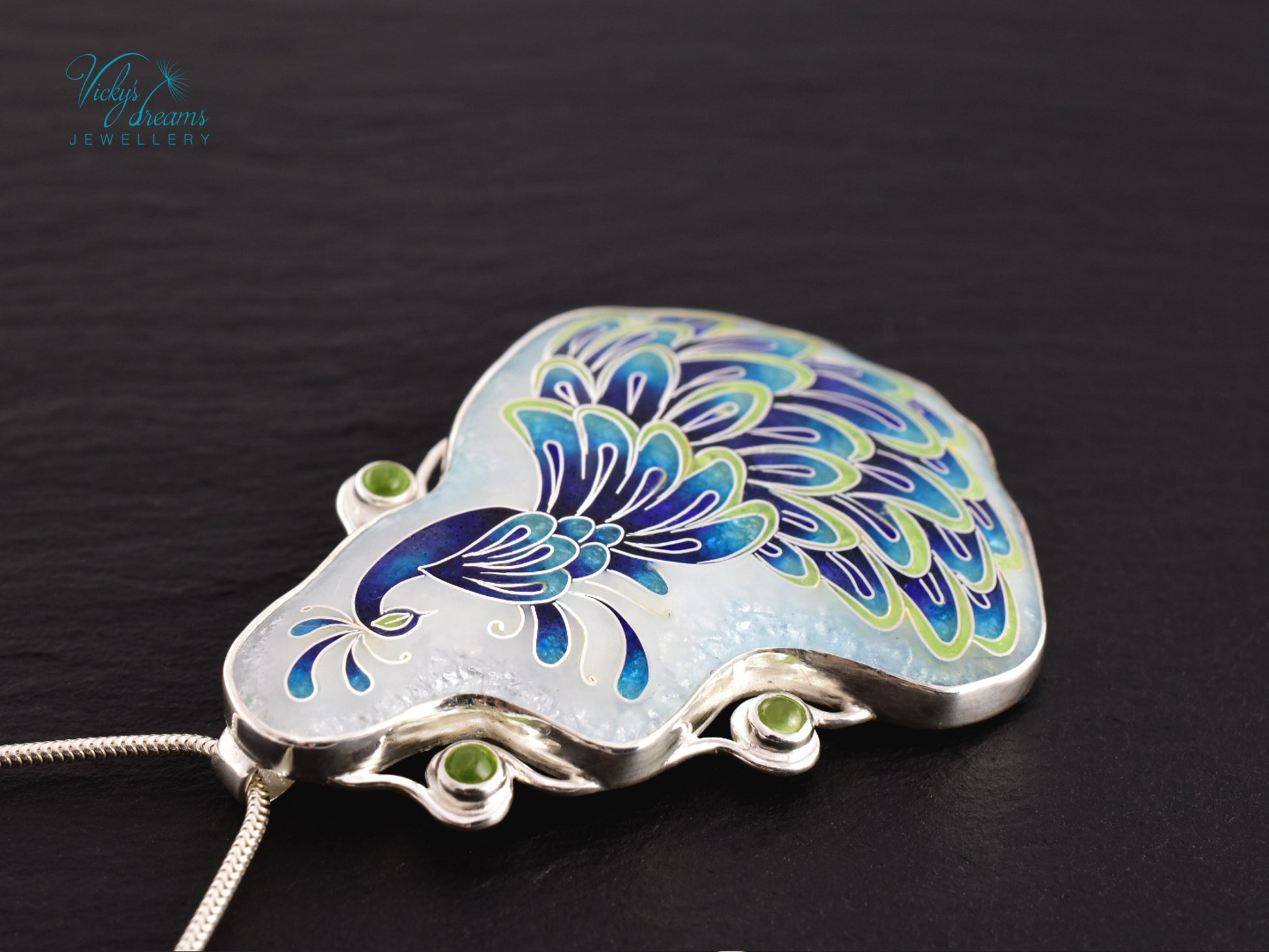 Handmade cloisonné enamel peacock necklace with peridot gemstones in sterling silver