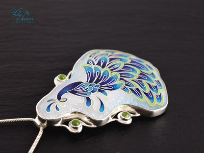Handmade cloisonné enamel peacock necklace with peridot gemstones in sterling silver