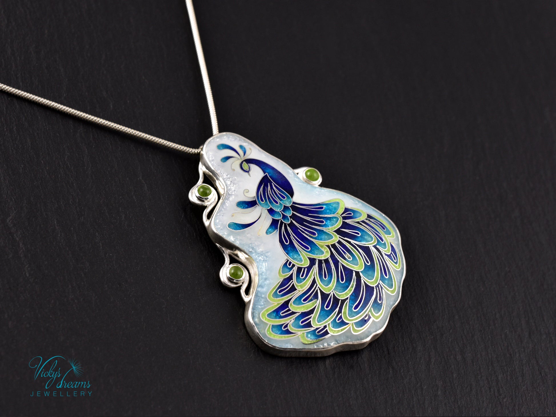 Handmade cloisonné enamel peacock necklace with peridot gemstones in sterling silver