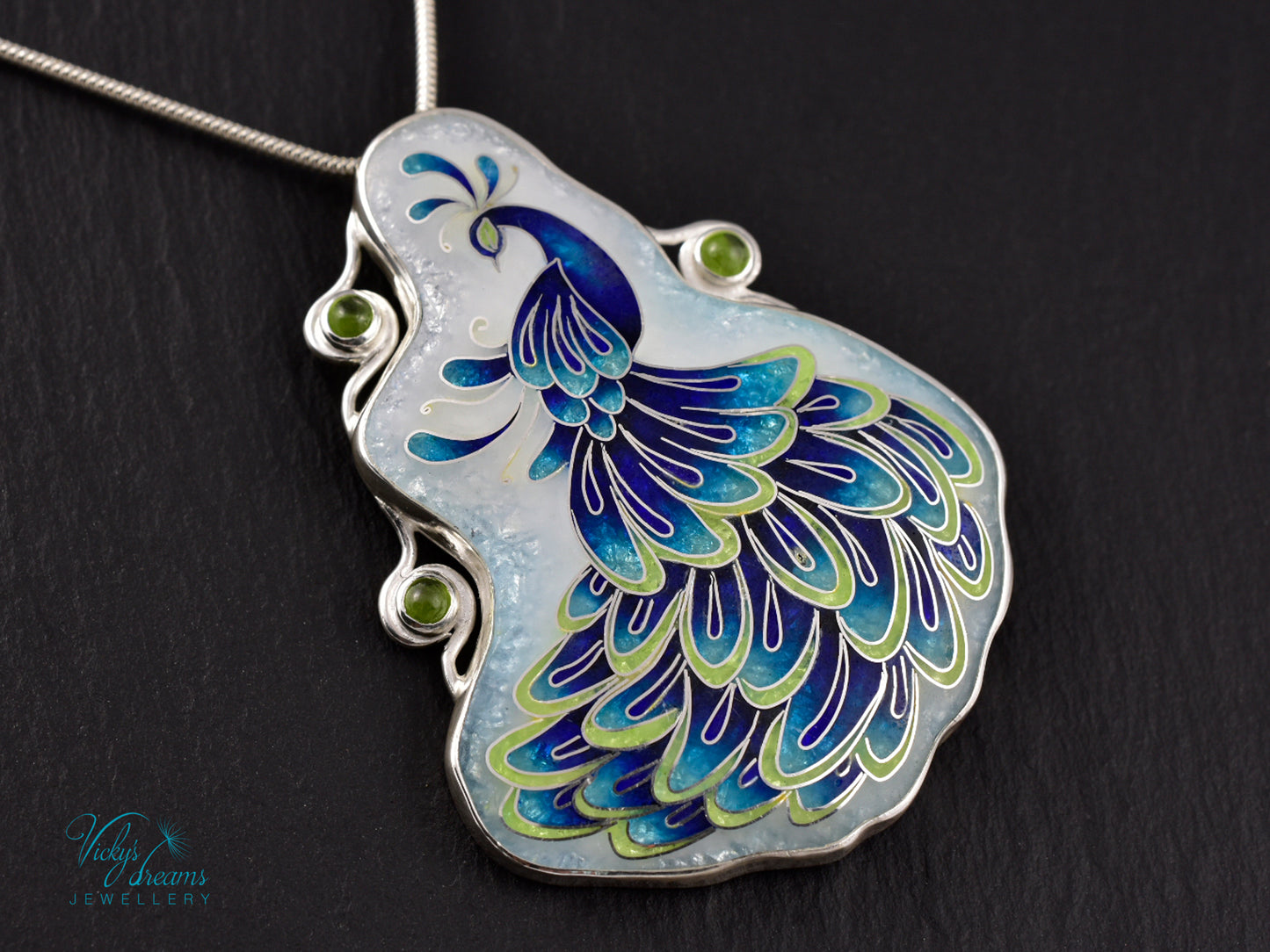 Handmade cloisonné enamel peacock necklace with peridot gemstones in sterling silver