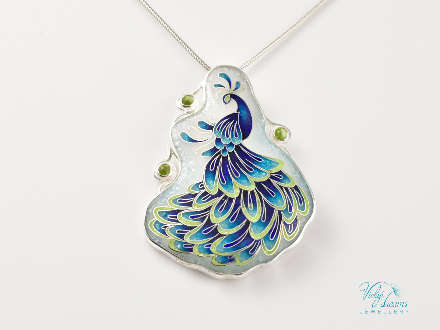 Handmade cloisonné enamel peacock necklace with peridot gemstones in sterling silver