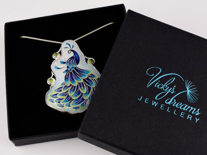 Handmade cloisonné enamel peacock necklace with peridot gemstones in sterling silver