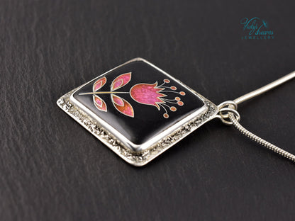 Delicate pink flower cloisonné enamel pendant necklace in sterling silver, minimalist handmade jewelry