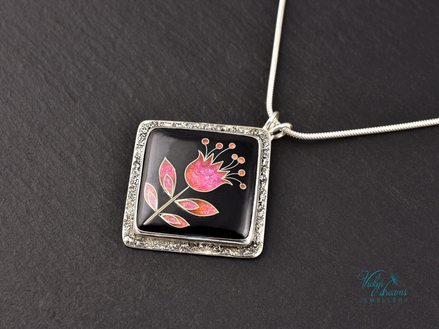 Delicate pink flower cloisonné enamel pendant necklace in sterling silver, minimalist handmade jewelry