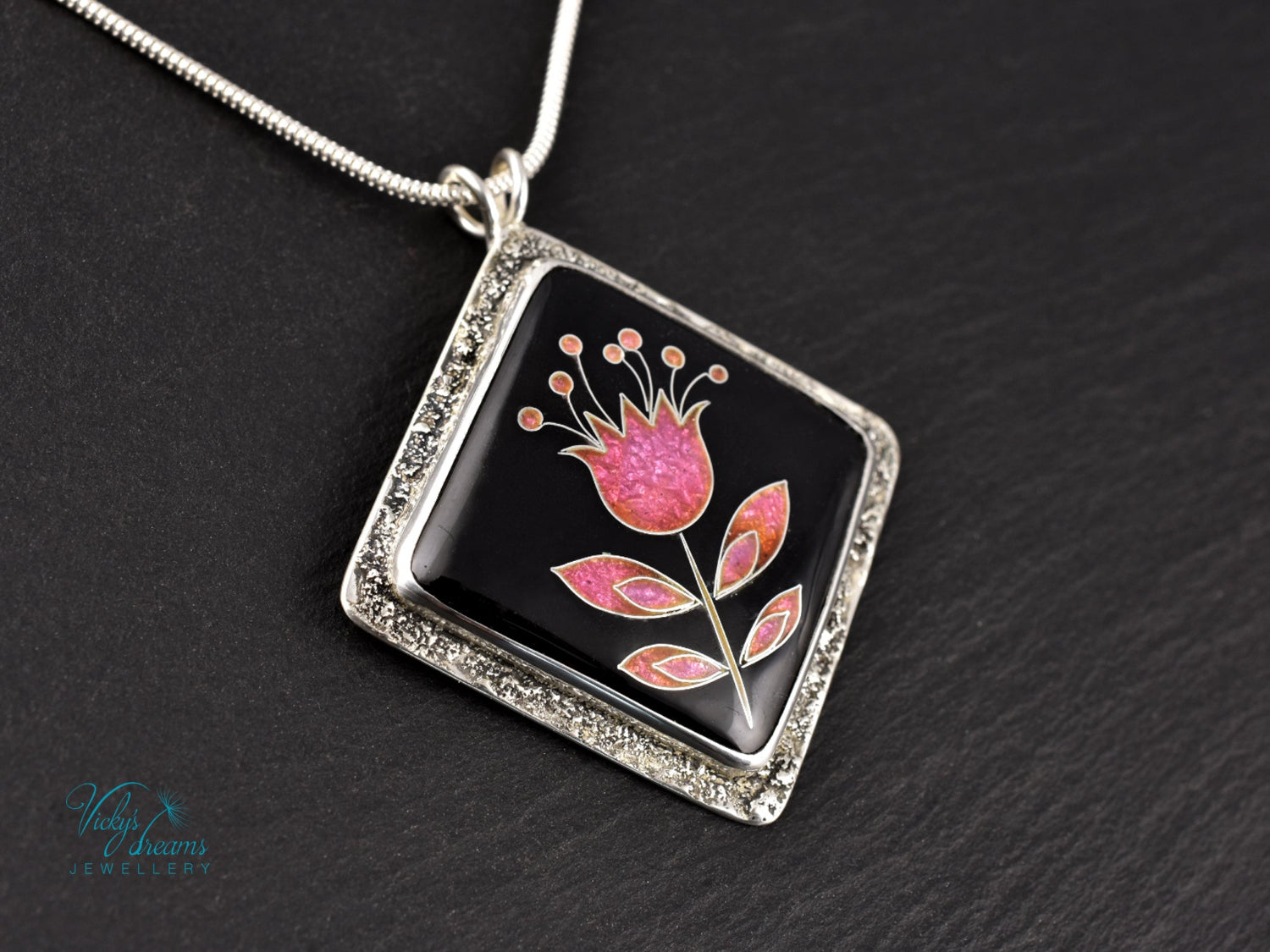 Delicate pink flower cloisonné enamel pendant necklace in sterling silver, minimalist handmade jewelry