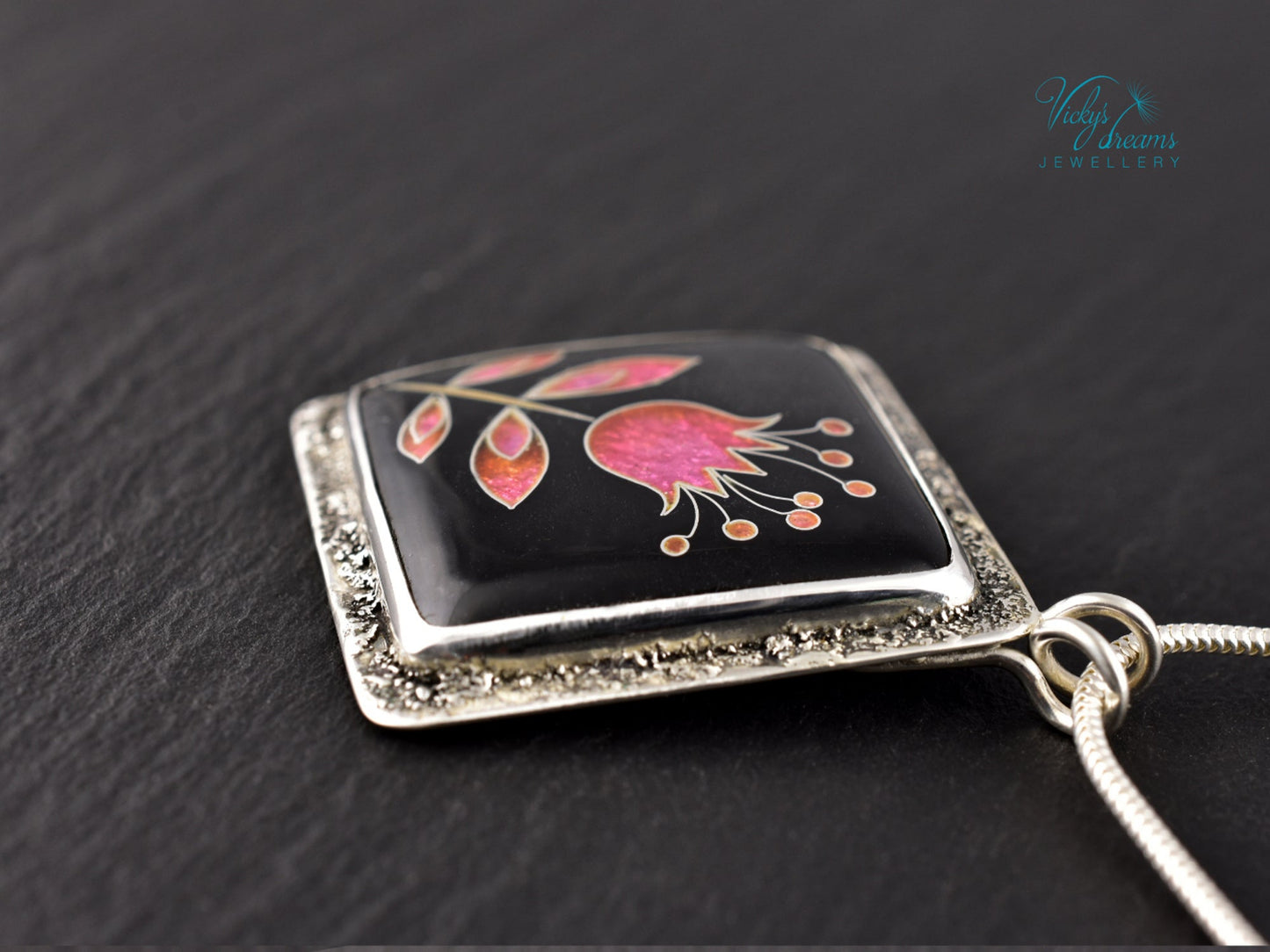 Delicate pink flower cloisonné enamel pendant necklace in sterling silver, minimalist handmade jewelry