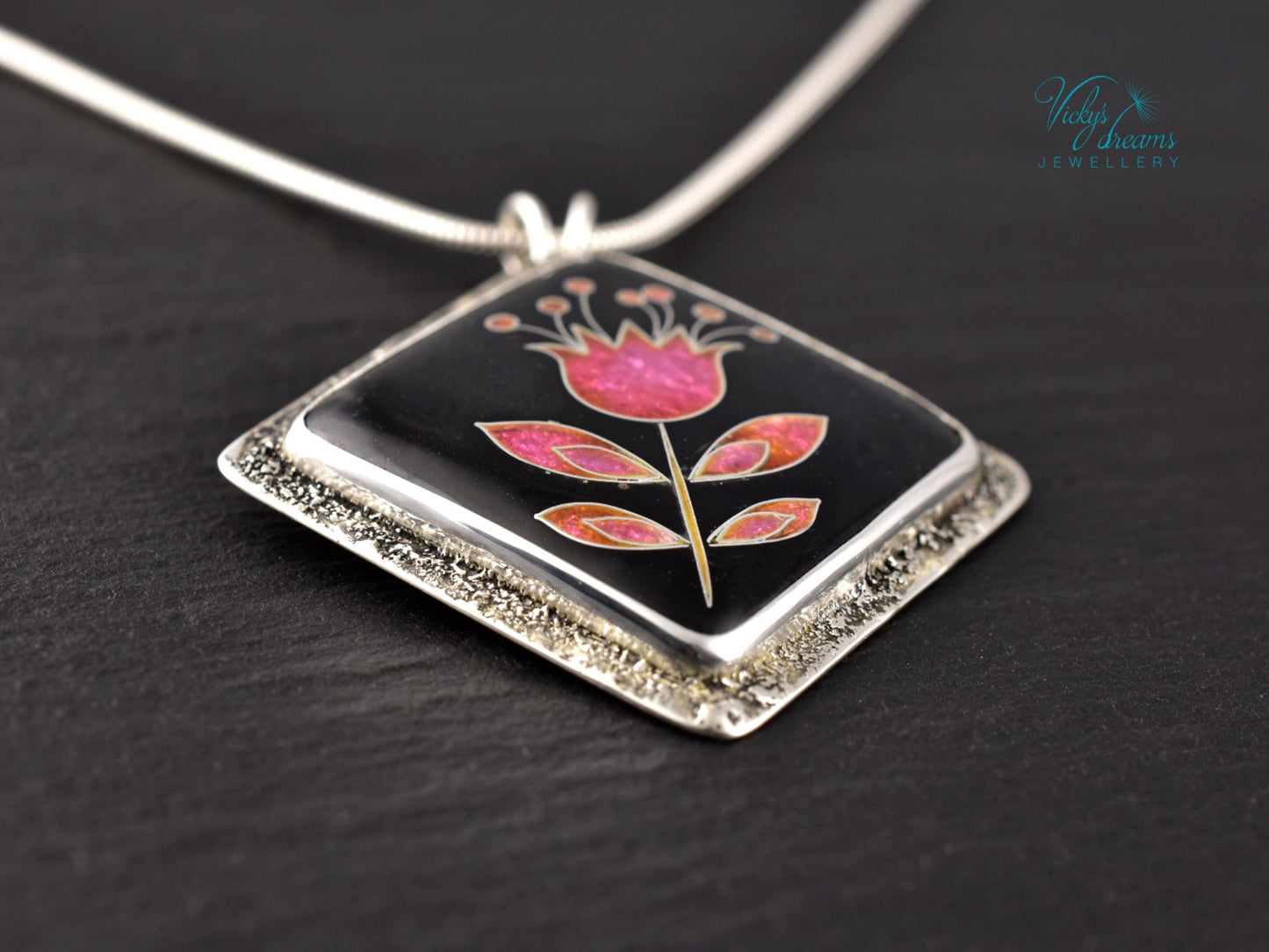 Delicate pink flower cloisonné enamel pendant necklace in sterling silver, minimalist handmade jewelry