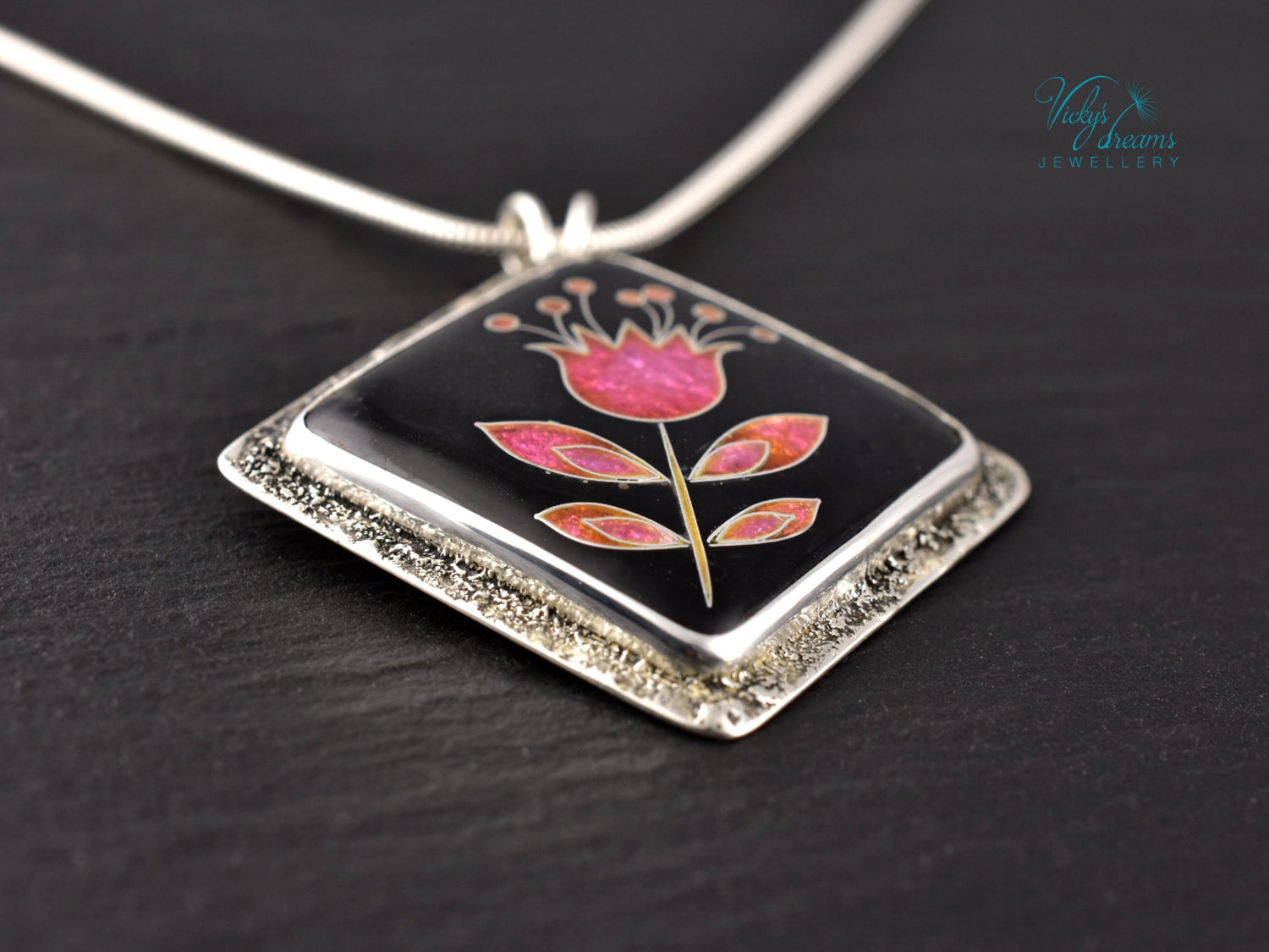 Delicate pink flower cloisonné enamel pendant necklace in sterling silver, minimalist handmade jewelry