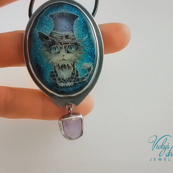 Handcrafted tabby cat pendant with cloisonné enamel and amethyst stone