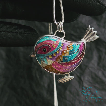 Handmade Cloisonné Bird Pendant in Sterling Silver – Colorful Enamel Bird Necklace, Artisan Jewelry