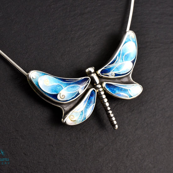 Handmade cloisonné enamel dragonfly pendant in oxidized sterling silver