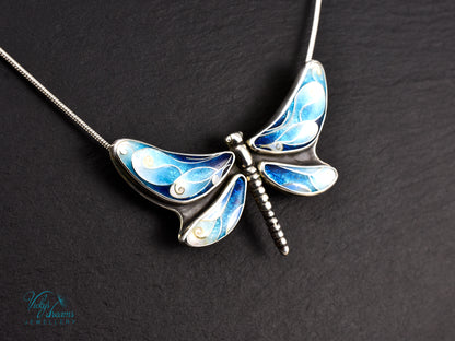 Handmade cloisonné enamel dragonfly pendant in oxidized sterling silver