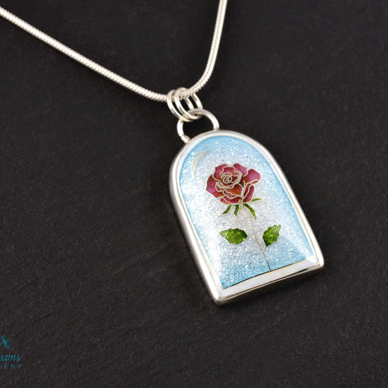 Handcrafted cloisonné enamel The Little Prince rose pendant on sterling silver