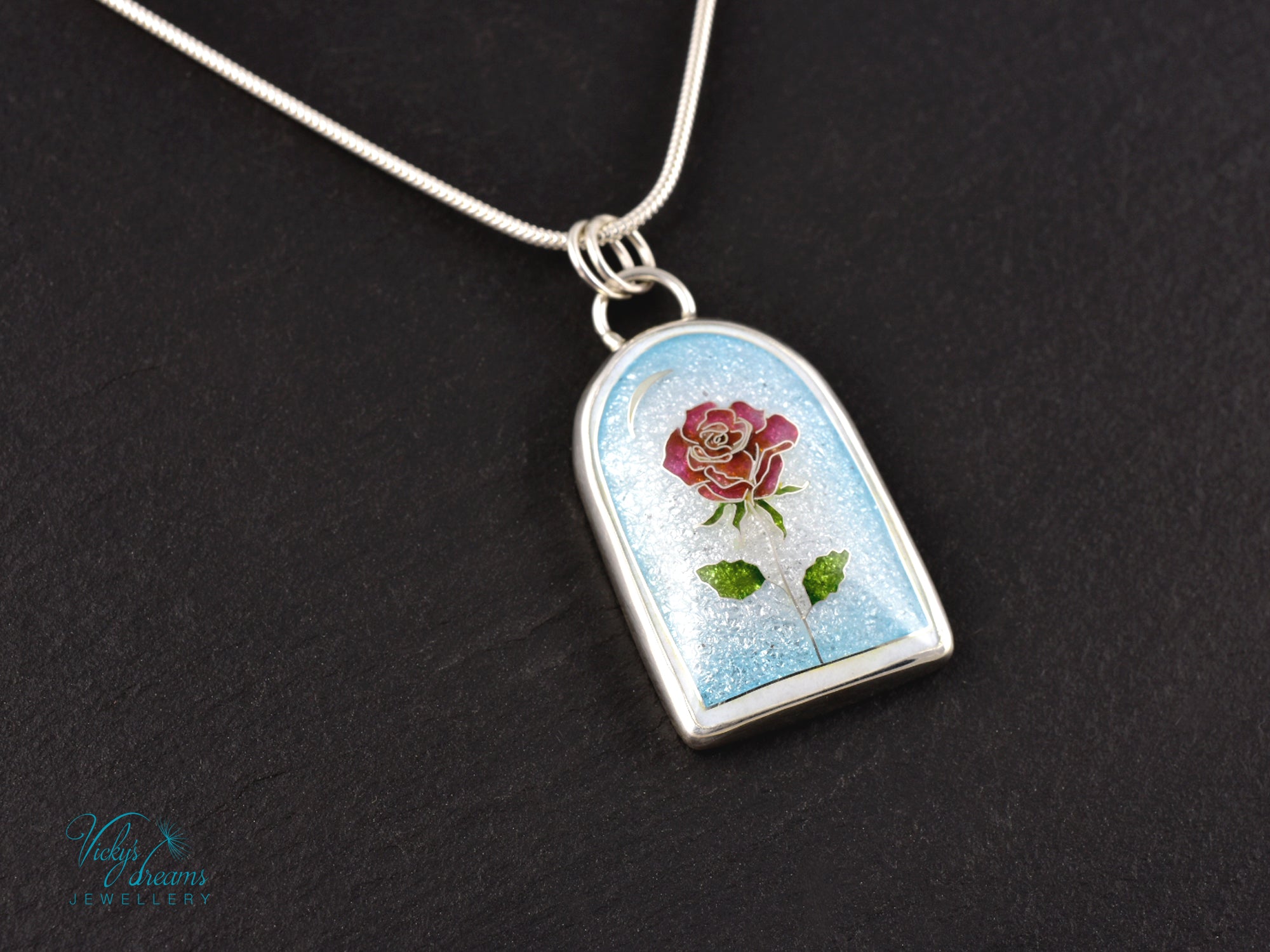 Handcrafted cloisonné enamel The Little Prince rose pendant on sterling silver