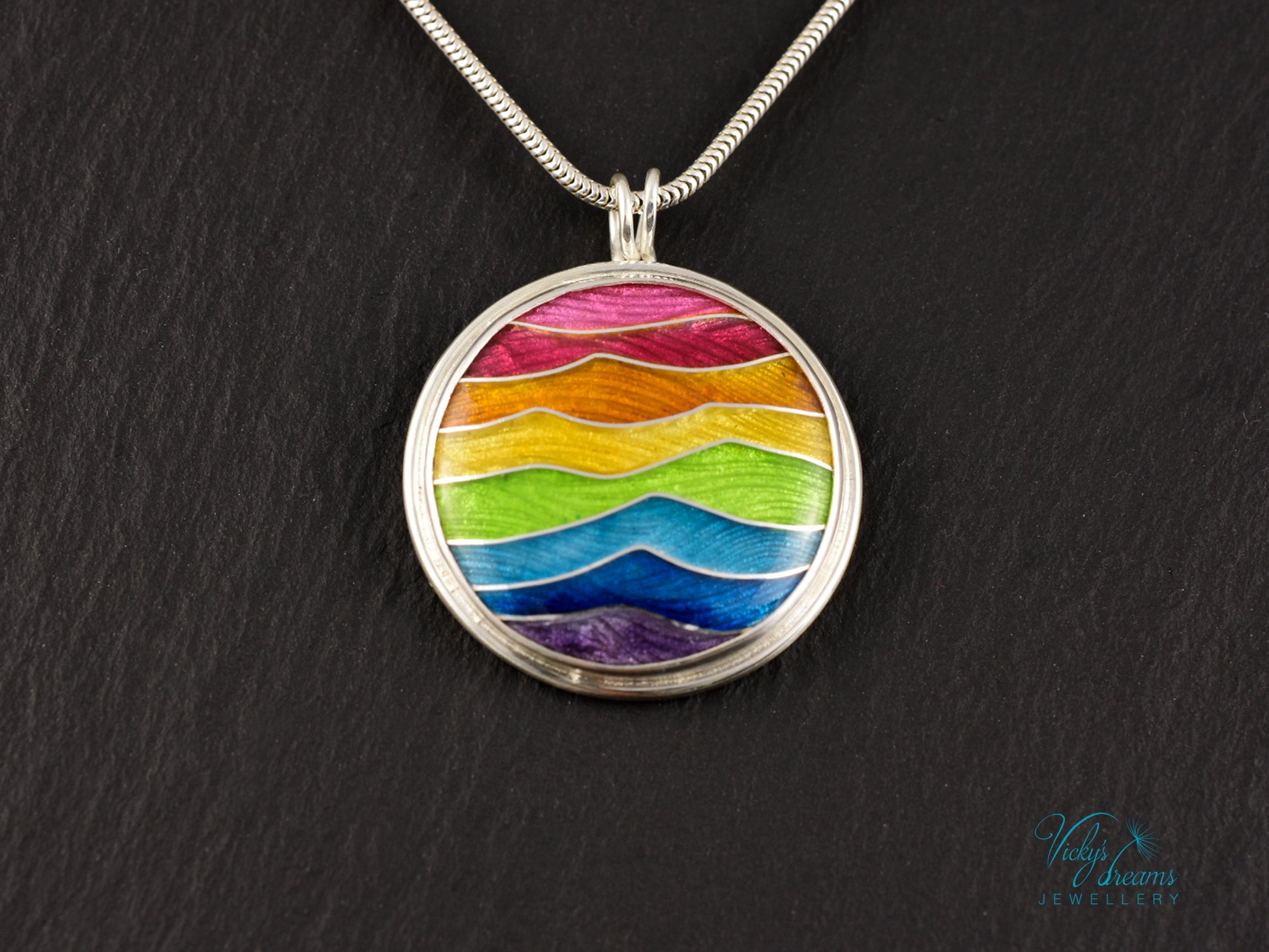 Handmade cloisonné enamel rainbow pendant in sterling silver, vibrant colors, pride jewelry