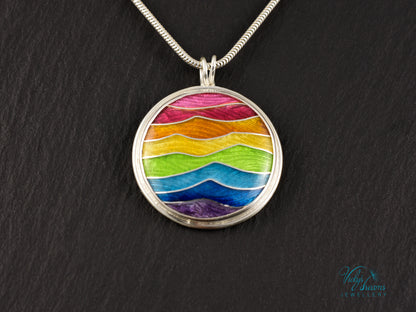 Handmade cloisonné enamel rainbow pendant in sterling silver, vibrant colors, pride jewelry