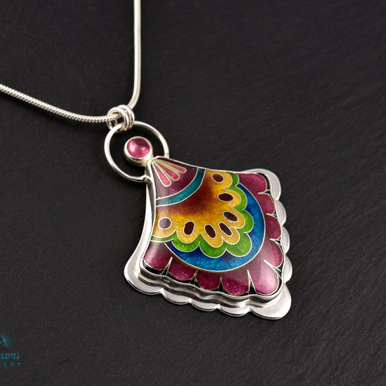 Handmade cloisonné fan-shaped turquoise pendant with pink Tourmaline in sterling silver