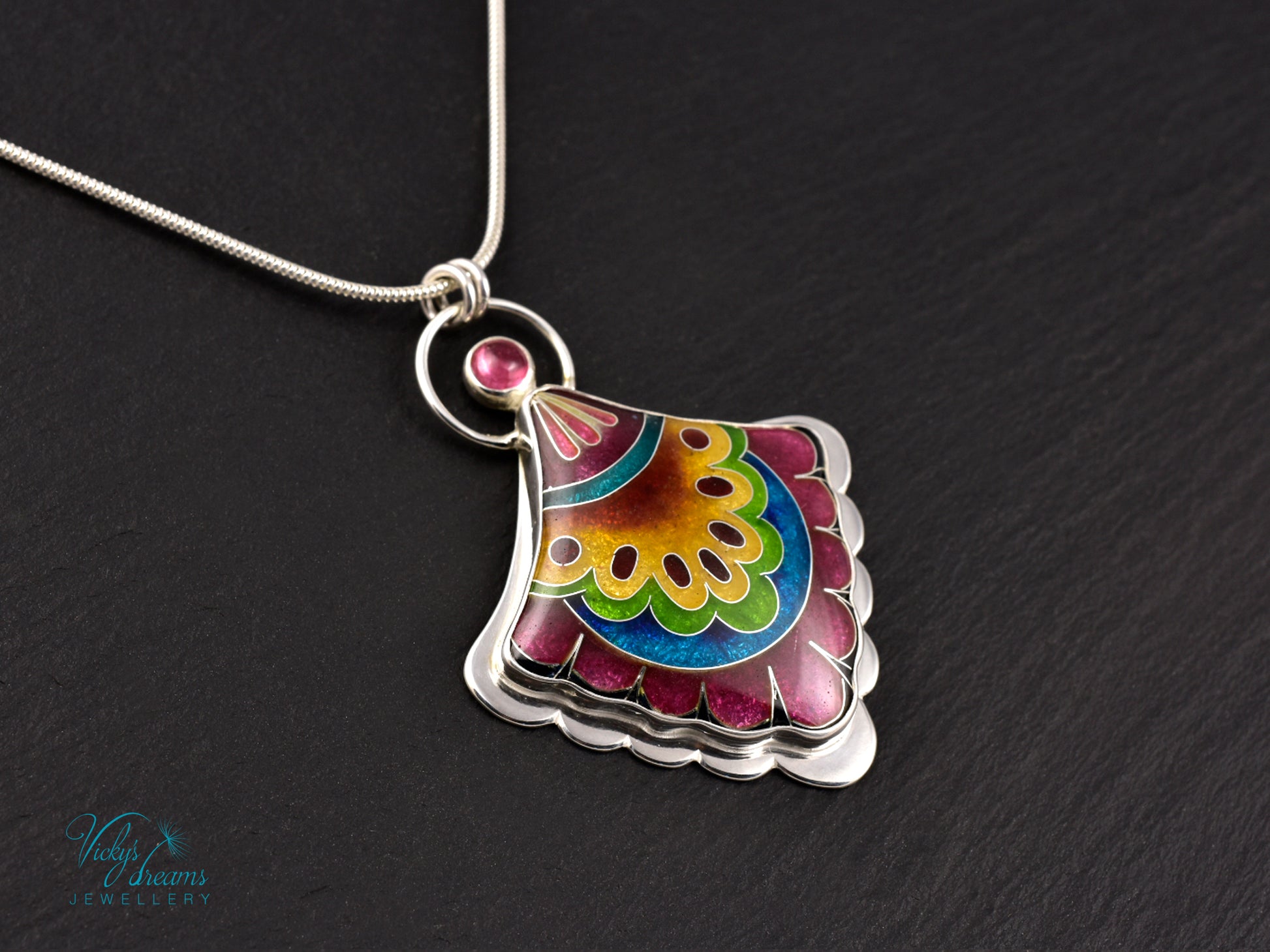 Handmade cloisonné fan-shaped turquoise pendant with pink Tourmaline in sterling silver