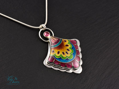 Handmade cloisonné fan-shaped turquoise pendant with pink Tourmaline in sterling silver