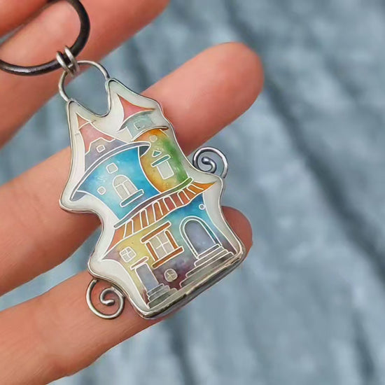 Cloisonné enamel necklace with vibrant rainbow house design in oxidised sterling silver – handmade unique art jewelry