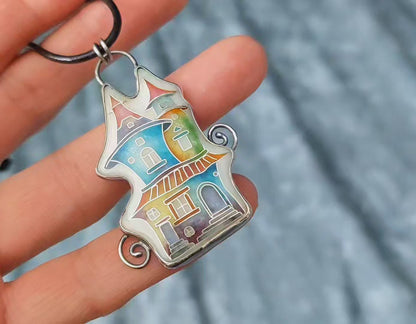 Cloisonné enamel necklace with vibrant rainbow house design in oxidised sterling silver – handmade unique art jewelry