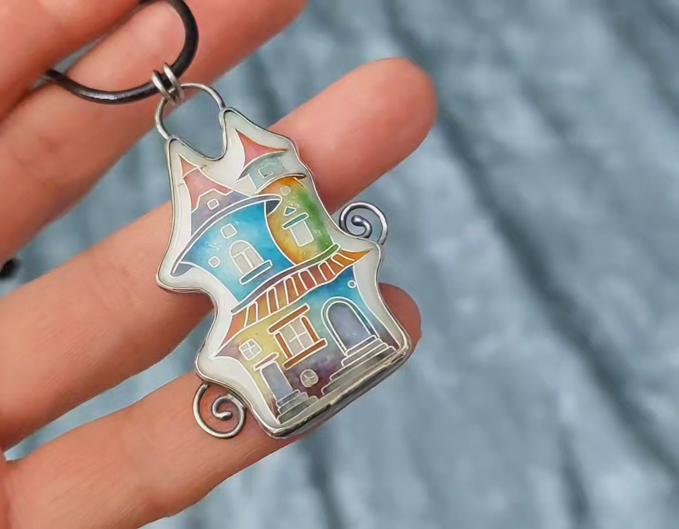 Cloisonné enamel necklace with vibrant rainbow house design in oxidised sterling silver – handmade unique art jewelry