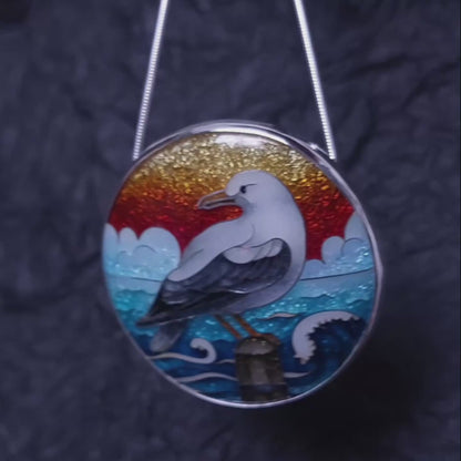 One-of-a-Kind Seagull Cloisonné Enamel Pendant – Sterling Silver Necklace