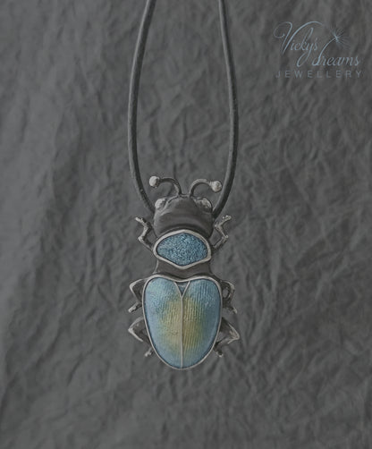 Handmade Cloisonne Beetle Necklace - Vitreous Enamel Insect Pendant, Gothic Witchy Nature Jewelry, OOAK Wearable Art Bug Amulet Gift