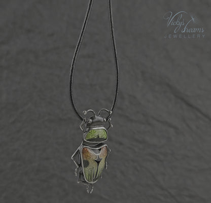 Beetle Cloisonne Enamel Pendant Necklace - Handmade Sterling Silver Insect Jewelry