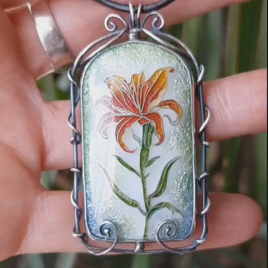 Handmade cloisonné fire lily enamel pendant on sterling silver with leather cord