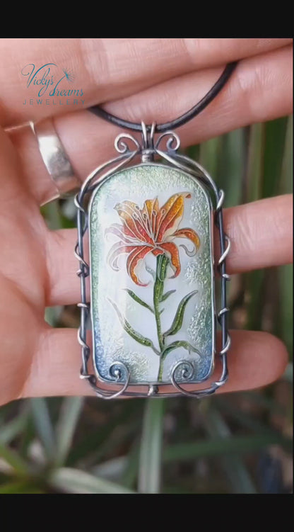 Handmade cloisonné fire lily enamel pendant on sterling silver with leather cord